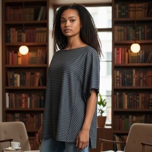 Chico’s Black with White Pinstripes Dolman Sleeved Top